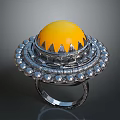 Elegant Silver Ring Featuring Spherical Yellow Gemstone and Surrounding Round Bead Decorations on Intricate Base