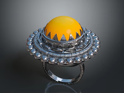 Elegant Silver Ring Featuring Spherical Yellow Gemstone and Surrounding Round Bead Decorations on Intricate Base 3d model