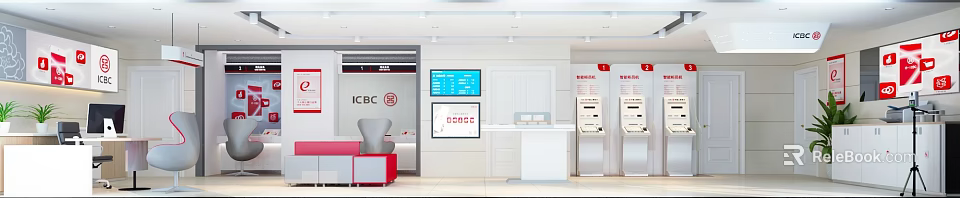 ICBC Bank Interior With Digital Screens Showing Information Service Counter ATM Machine And Seating 3d model 