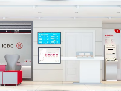 ICBC Bank Interior With Digital Screens Showing Information Service Counter ATM Machine And Seating 3d model