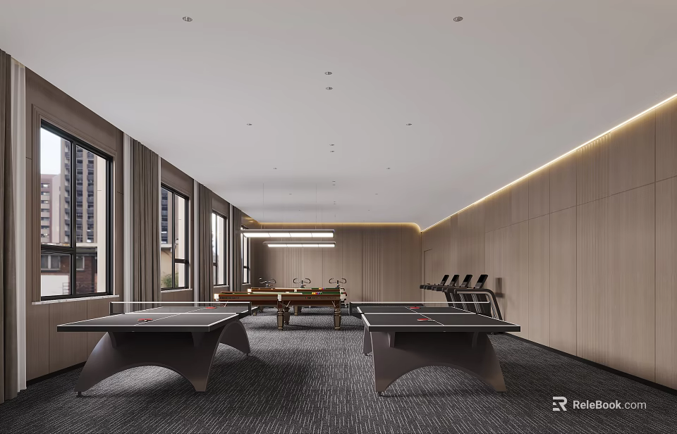Modern Indoor Gym With Table Tennis Tables And Fitness Equipment 3d model 
