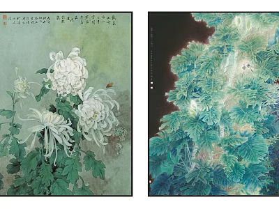 Vibrant Botanical Paintings with White Chrysanthemums Green Leaves Insect and Dense Foliage 3d model