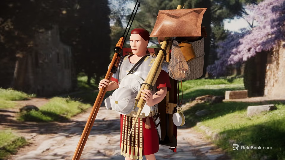 Game Movie Character Roman Soldier Wearing Armor Red Tunic with Spear Near Ancient Ruins 3d model 