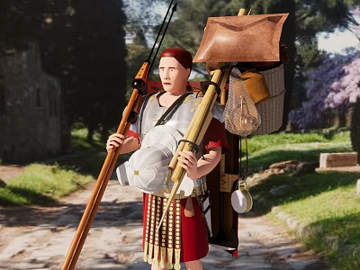 Game Movie Character Roman Soldier Wearing Armor Red Tunic with Spear Near Ancient Ruins 3d model