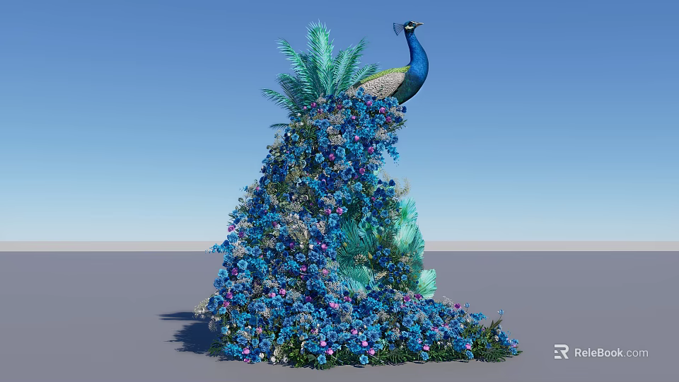 Elegant Peacock Shaped Floral Installation with Blue Flowers and Green Leaves 3d model 