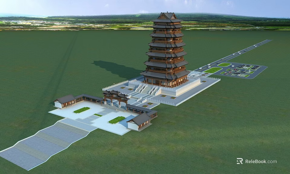 Traditional Chinese Multi Tiered Pagoda With Green Lawn Plaza And Ancillary Buildings 3d model 