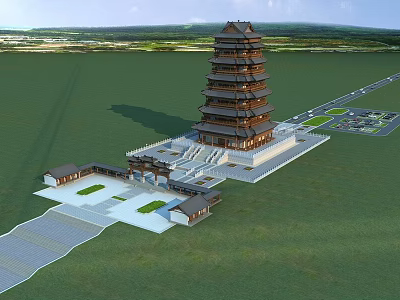 Traditional Chinese Multi Tiered Pagoda With Green Lawn Plaza And Ancillary Buildings 3d model