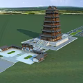 Traditional Chinese Multi Tiered Pagoda With Green Lawn Plaza And Ancillary Buildings