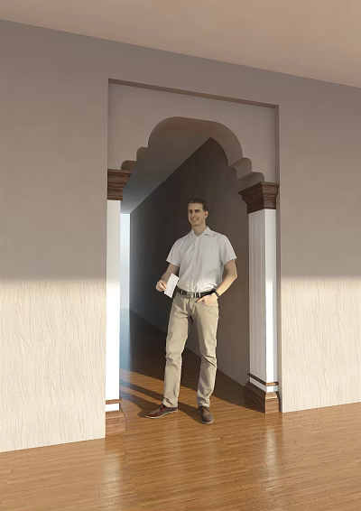 Arched Doorway Interior With Man Standing And Wooden Floor Natural Light 3d model