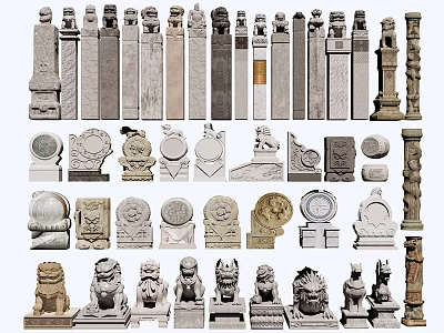 Artistic Stone and Wood Carved Sculptures With Architectural Details And Decorative Elements 3d model