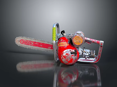 GRIZZLY Chainsaw With Red Body And Silver Components Including Chain And Engine 3d model