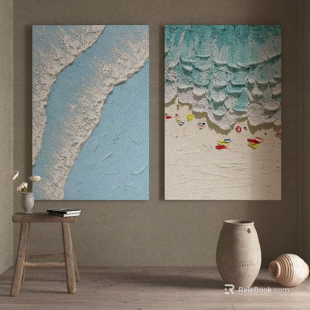 Decorative Wall Paintings With Wave Texture Beach And Colorful Elements In Interior Decor 3d model