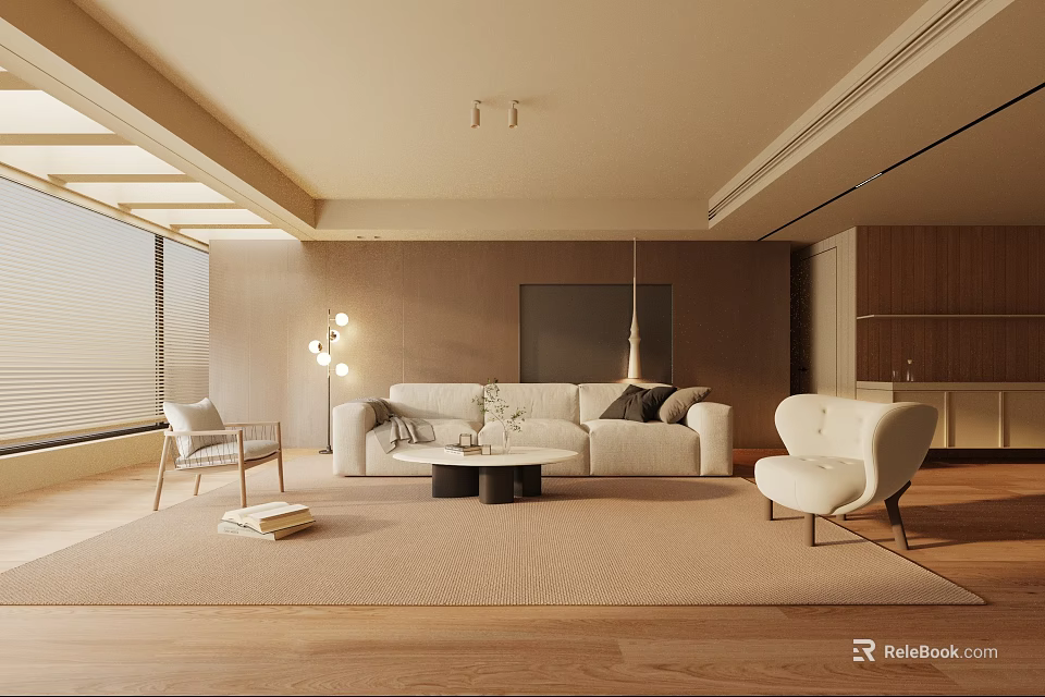 Modern Living Room Interior Design With Beige Sofa White Armchair Wooden Flooring And Area Rug 3d model 