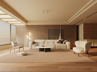Modern Living Room Interior Design With Beige Sofa White Armchair Wooden Flooring And Area Rug 3d model