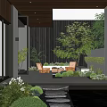 Modern Garden Landscape With Lush Greenery Stone Paths Seating Area And Water Feature