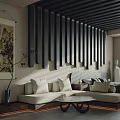 Hotel Guest Room Interior With Dark Wooden Slat Ceiling Seating Area And Sculpture