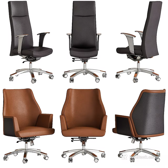 Modern Office Desk And Chair Set With Black Brown Leather Seats Metal Base Wheels 3d model 