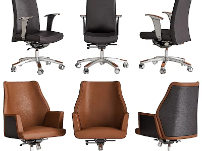 Modern Office Desk And Chair Set With Black Brown Leather Seats Metal Base Wheels 3d model
