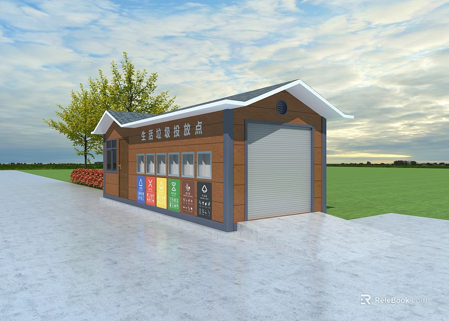 Waste Sorting Collection House With Colorful Trash Bins Near Grassland And Tree 3d model 