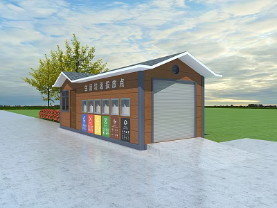 Waste Sorting Collection House With Colorful Trash Bins Near Grassland And Tree 3d model
