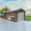 Waste Sorting Collection House With Colorful Trash Bins Near Grassland And Tree