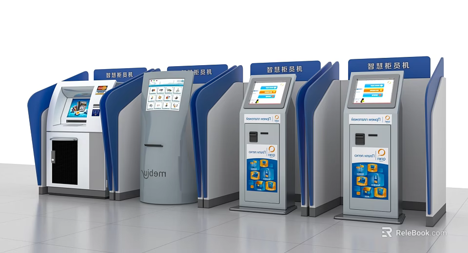 Intelligent Self Service Kiosk Terminals With Multiple Units And Digital Screens 3d model 