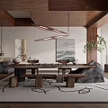 Serene Tea Room Interior With Wooden Table Benches Hanging Lights And Decorative Art