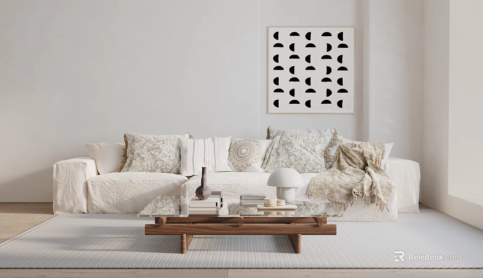 Modern Minimalist White Sectional Sofa With Pillows Throw Blanket Wooden Coffee Table And Wall Art 3d model 