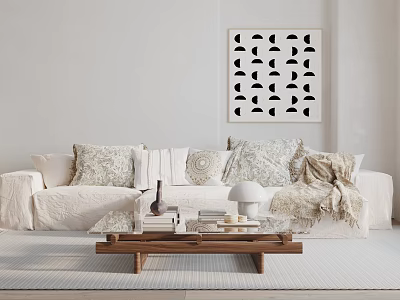 Modern Minimalist White Sectional Sofa With Pillows Throw Blanket Wooden Coffee Table And Wall Art 3d model