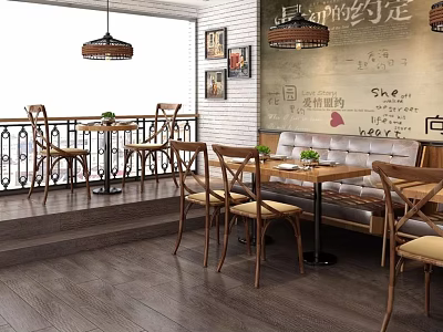 Cozy Restaurant Interior With Wooden Tables Chairs Hanging Lights And Decorative Wall Art 3d model