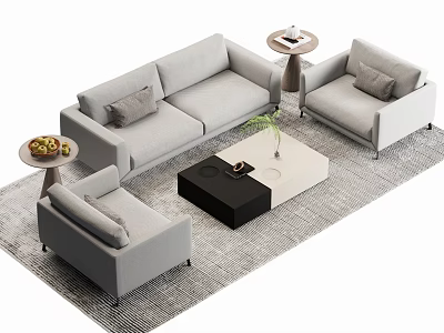 Modern Gray Sofa and Coffee Table Set With Accent Chairs Pillows Green Plant and Rug 3d model