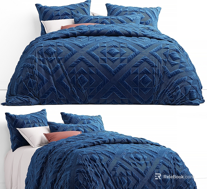 Double Bed with Blue Diamond Pattern Quilt and Soft Decorative Pillows 3d model 
