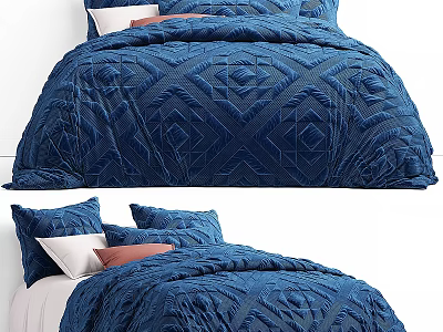 Double Bed with Blue Diamond Pattern Quilt and Soft Decorative Pillows 3d model