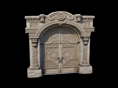 Classical Carved Stone Wall With Arched Door And Decorative Architectural Elements 3d model