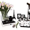 Ornamental Decor Set with Pink Tulips Glass Vase Eiffel Tower Model Photo Frames Table Lamp