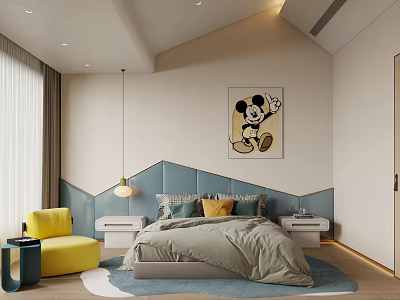 Kids Bedroom Interior With Mickey Mouse Art And Cozy Bed 3d model