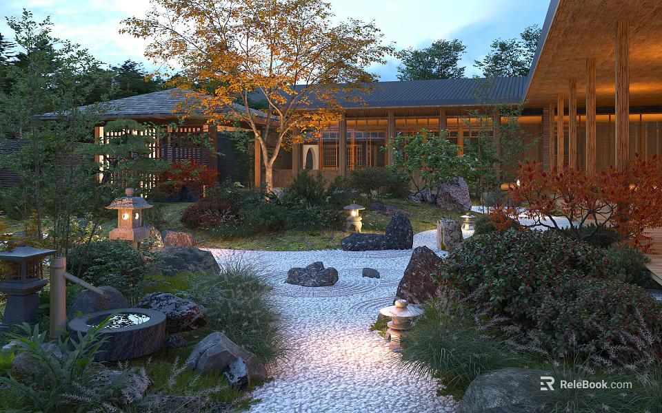 Illuminated Japanese Courtyard Garden With Pebble Path Stone Lanterns Autumn Trees And Green Plants 3d model 