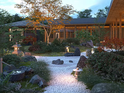 Illuminated Japanese Courtyard Garden With Pebble Path Stone Lanterns Autumn Trees And Green Plants 3d model