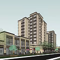 Modern Commercial Street With Tall Buildings Pedestrians And Trees