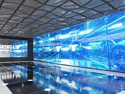 FESLY Exhibition Hall With Large Blue Screens And Modern Car Display Design 3d model