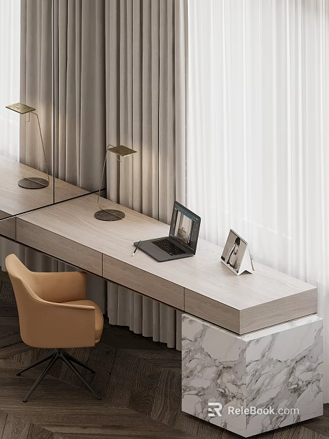 Modern Desk Interior With Laptop Table Lamp Photo Frame Chair And Curtains 3d model 