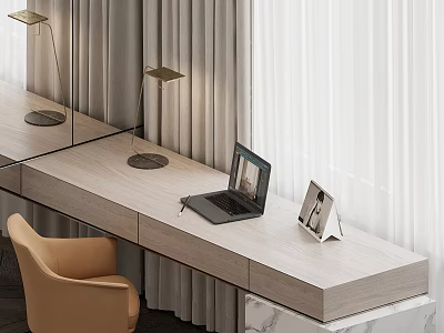 Modern Desk Interior With Laptop Table Lamp Photo Frame Chair And Curtains 3d model