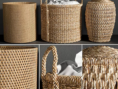 Woven Storage Baskets In Various Styles With Handles For Home Organizing 3d model