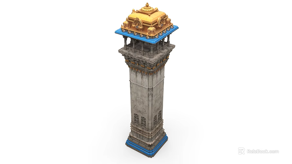 Elegant Gray Stone Tower With Golden Pinnacle Blue Base And Intricate Carvings 3d model 
