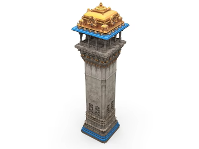 Elegant Gray Stone Tower With Golden Pinnacle Blue Base And Intricate Carvings 3d model