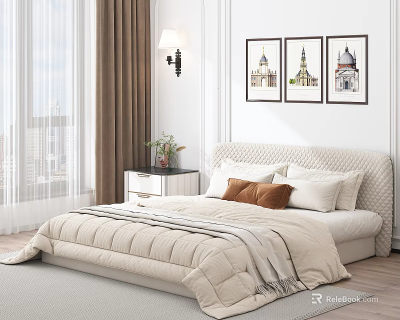 Modern Double Bed Featuring Bedside Table Potted Plant Wall Art Floor Lamp City View Window 3d model 