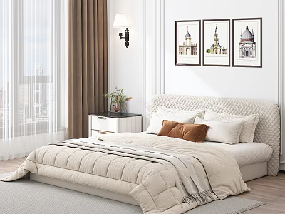Modern Double Bed Featuring Bedside Table Potted Plant Wall Art Floor Lamp City View Window 3d model