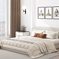 Modern Double Bed Featuring Bedside Table Potted Plant Wall Art Floor Lamp City View Window