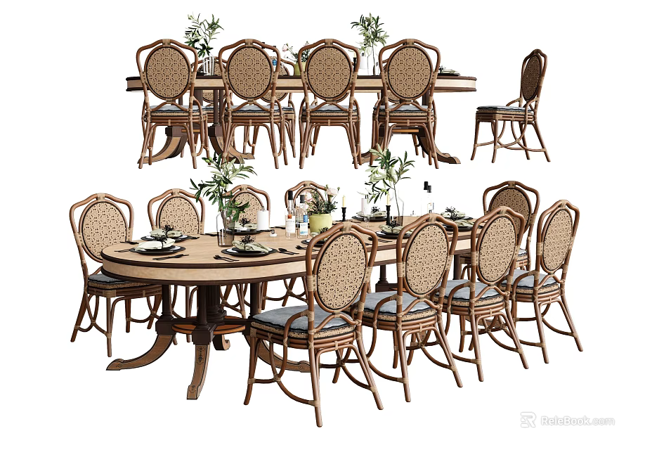 Wooden Dining Table Set With Cane Back Chairs And Green Plant Centerpieces 3d model 