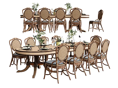 Wooden Dining Table Set With Cane Back Chairs And Green Plant Centerpieces 3d model